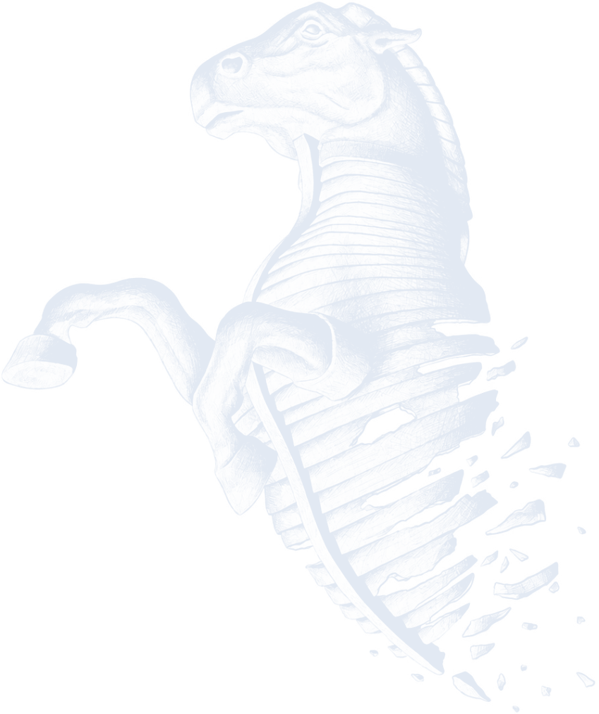 A rearing horse drawn in silver line work, its hindquarters breaking apart into fragments